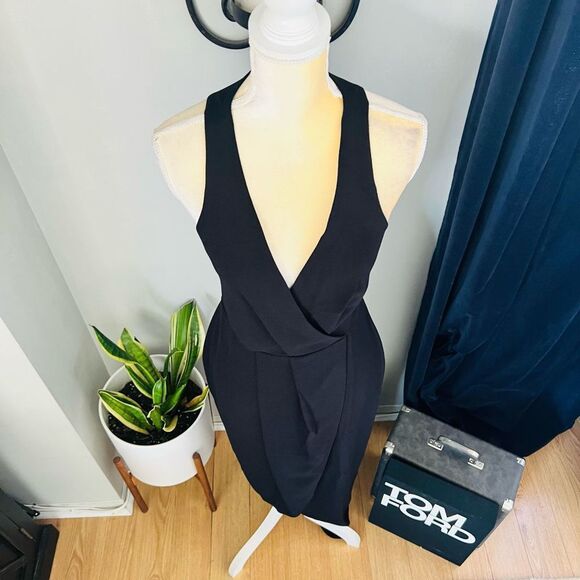 DRESS THE POPULATION Ariel Racerback Faux Wrap Crepe Dress Gown, Black Small NWT - Picture 14 of 16